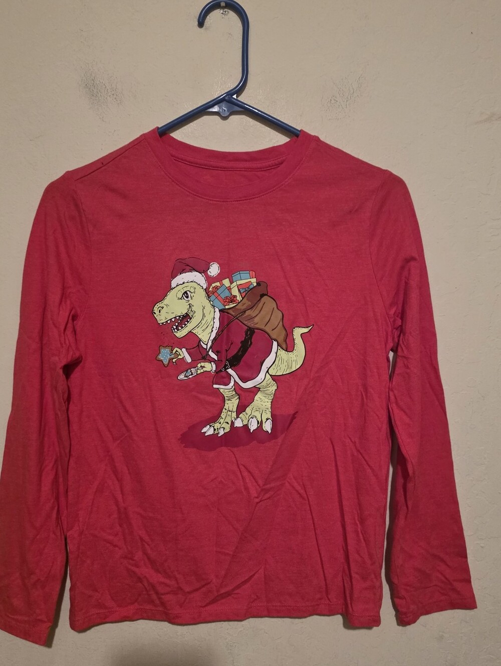 Cat & Jack Boys Red Long Sleeve Dinosaur Santa Christmas Graphic Tee Size L